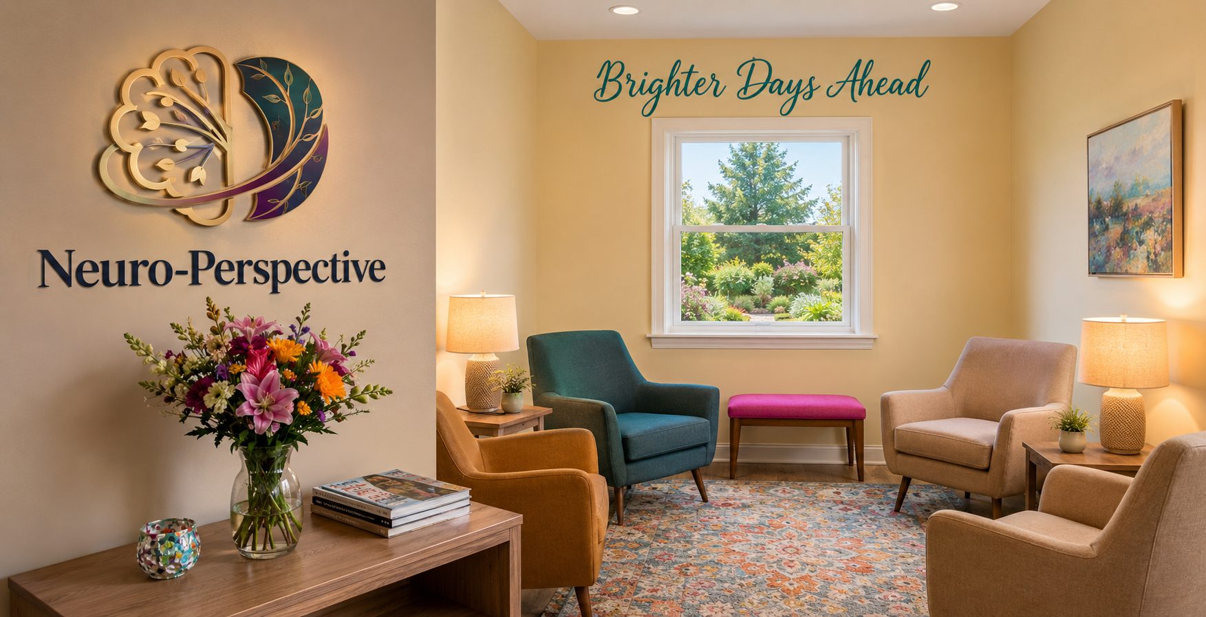 Neuro-Perspective waiting room, decorated with the practice's 'Brighter Days Ahead' motto